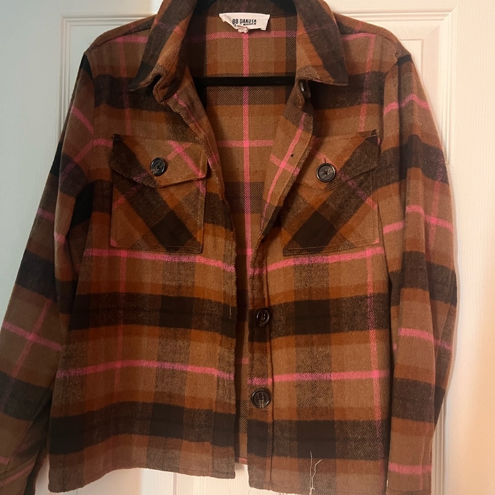 BB Dakota Brown Plaid Utility Shacket with Pink Accents